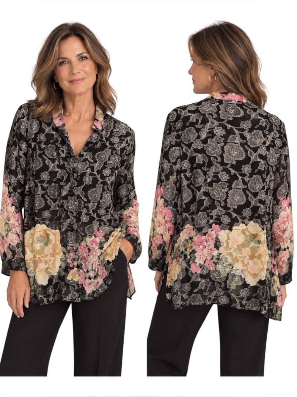 Citron Santa Monica Black Tunic Top with Pink & Cream Floral Border